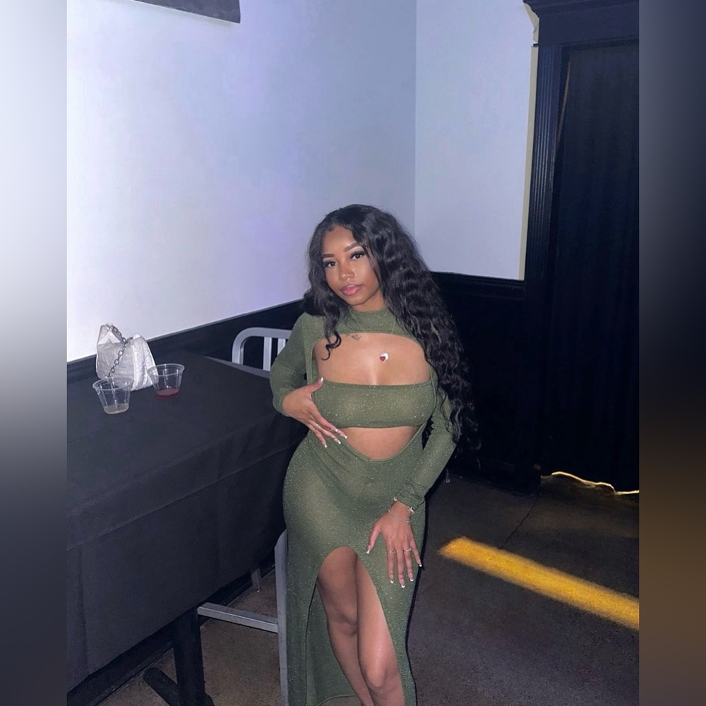 Khaki Sheer Glitter Long Sleeve Cut Out Maxi Dress